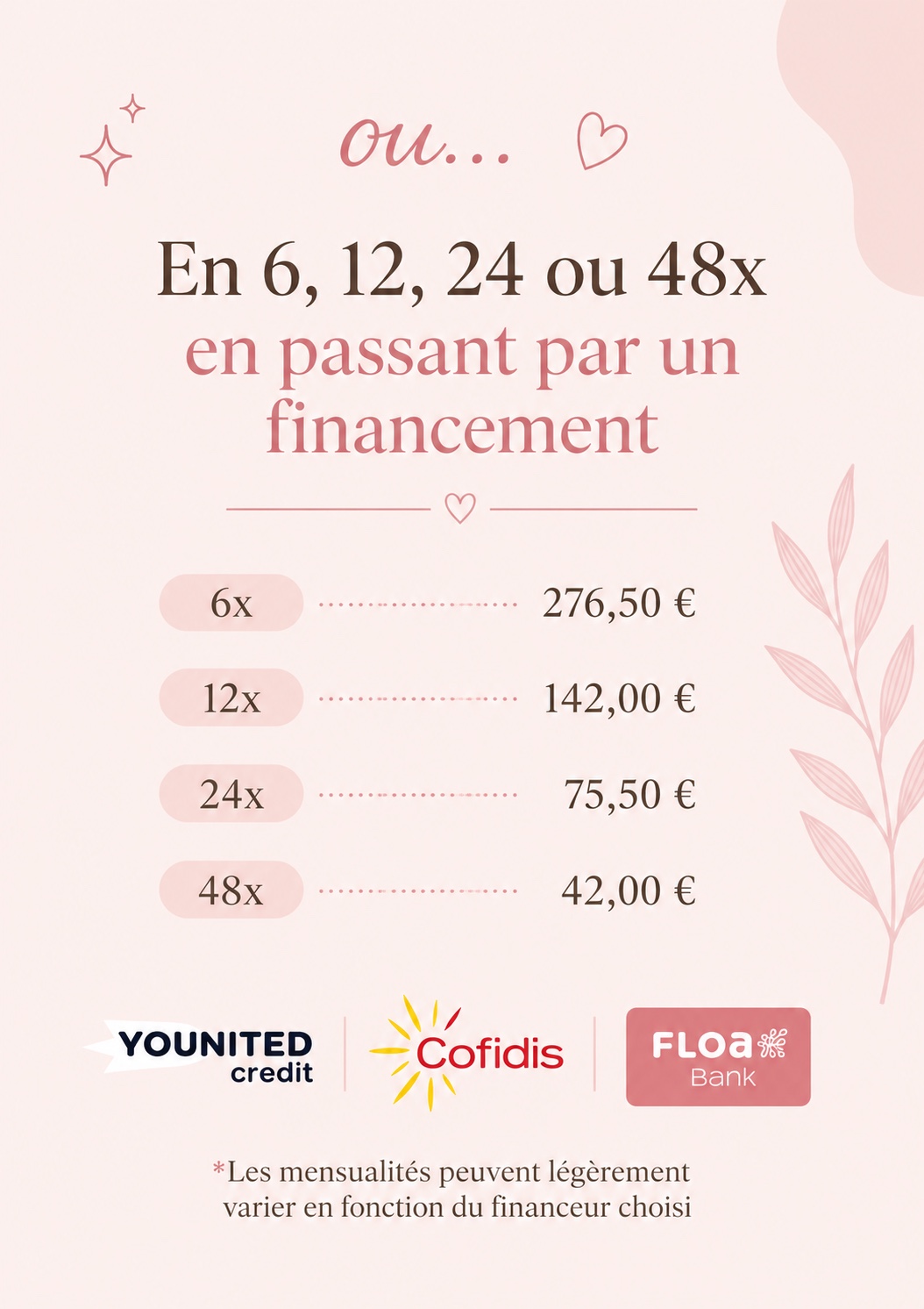 Thermomix seul avec financement : 276,50 euros en 6 fois, 142 euros en 12 fois, 75,50 euros en 24 fois ou 42 euros en 48 fois